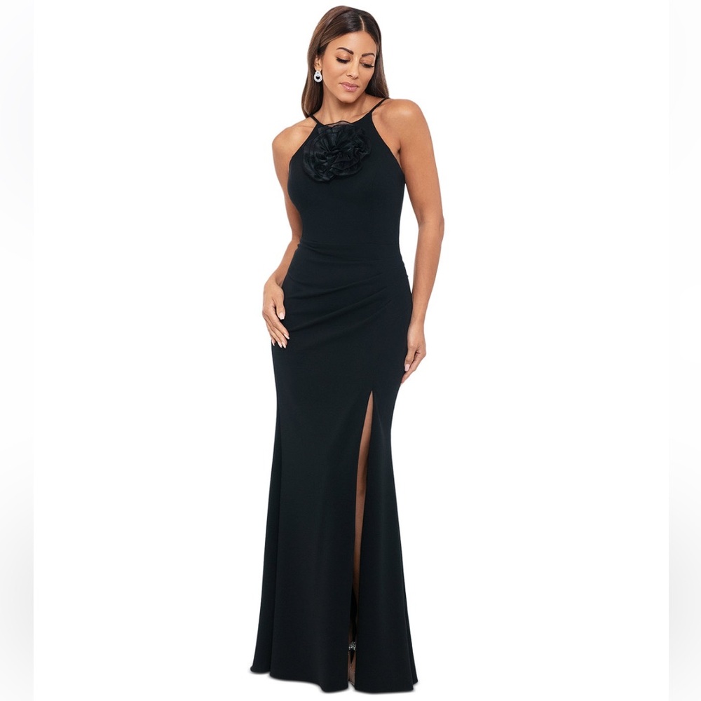 XSCAPE Halter Floral-Embellished Long Gown